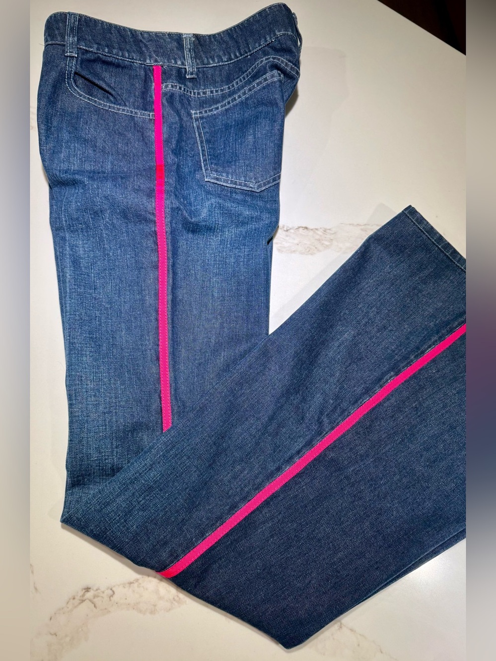 STELLA McCartney Dark Blue Denim Jeans with Pink Ribbon Accent, Size 28